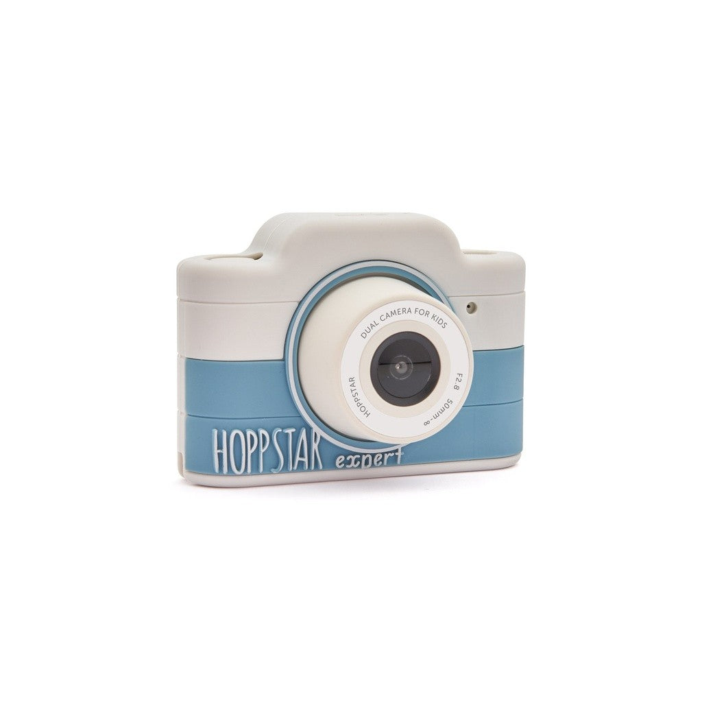 Hoppstar Expert kids camera in Yale blue, angled view