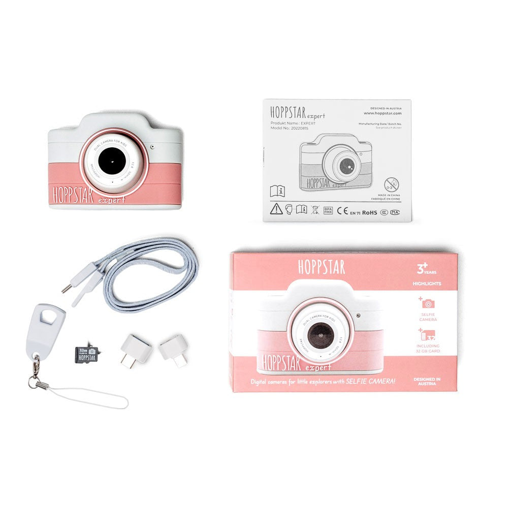 Hoppstar Expert Blush box contents: camera, lanyard, microSD card, OTG adapters and manual