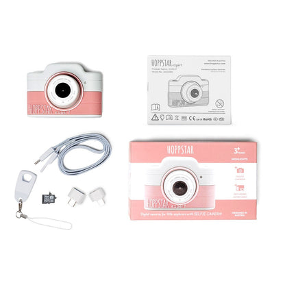 Hoppstar Expert Blush box contents: camera, lanyard, microSD card, OTG adapters and manual