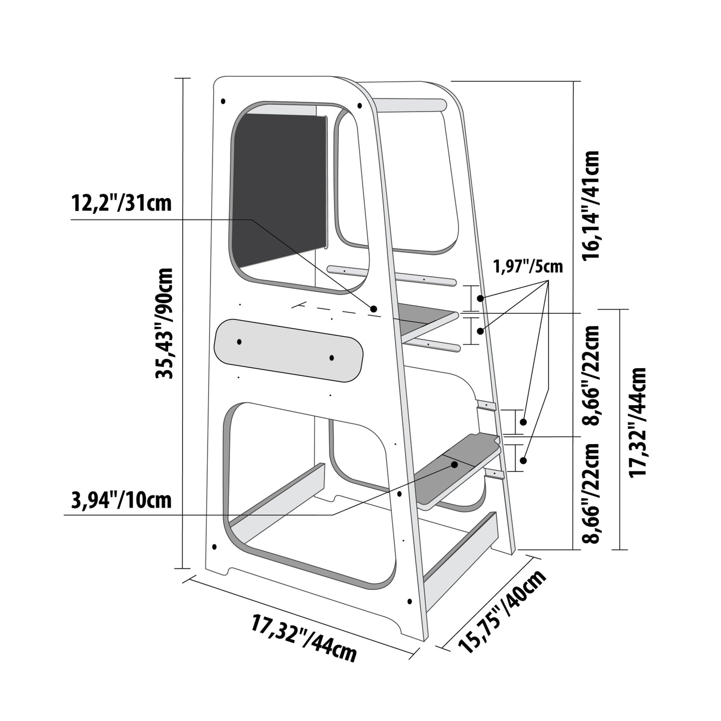 Montessori kitchen tower dimensions diagram showing measurements and safe counter-height design