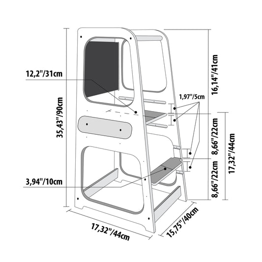Montessori kitchen tower dimensions diagram showing measurements and safe counter-height design