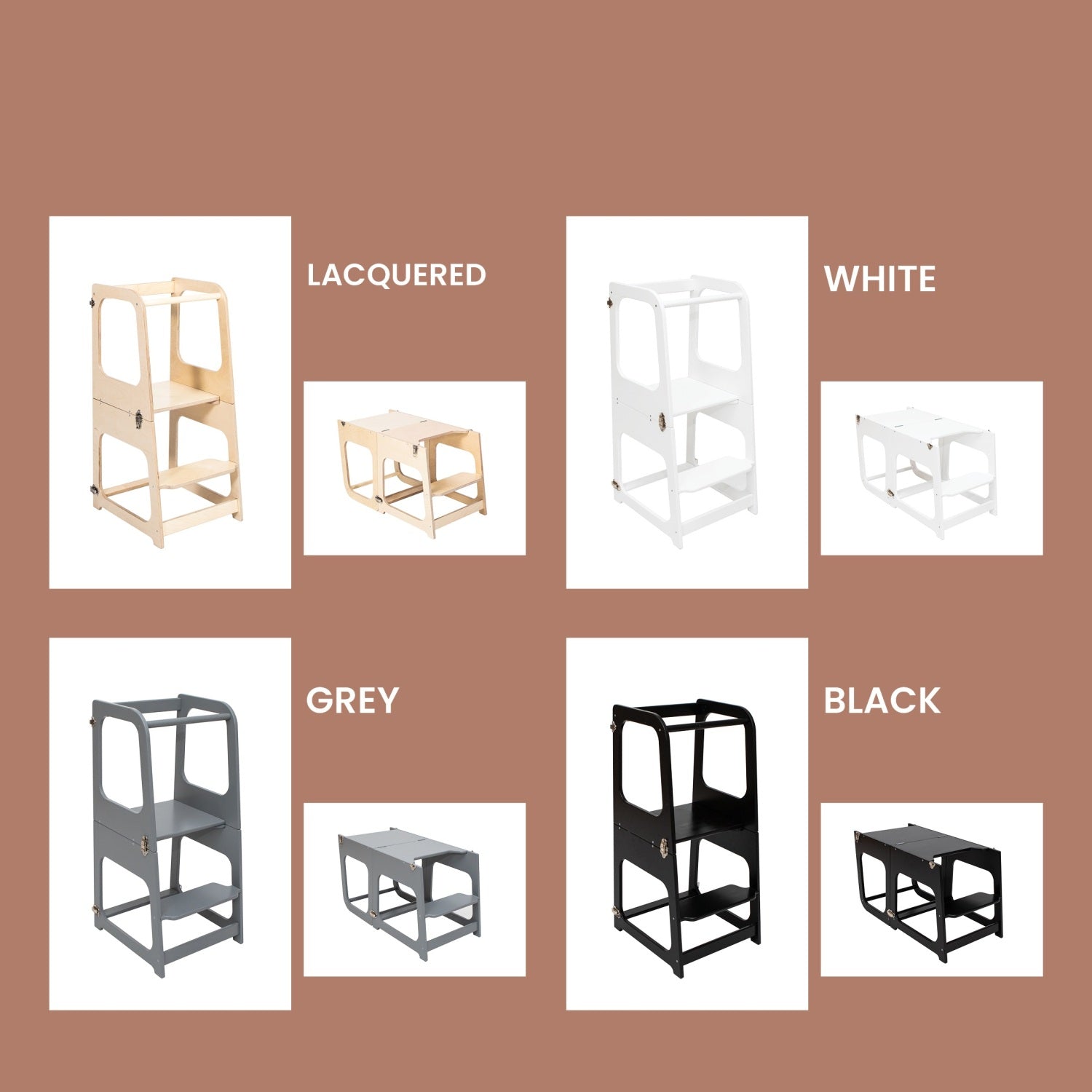 Four color options for 2-in-1 Montessori kitchen tower: lacquered, white, grey, and black