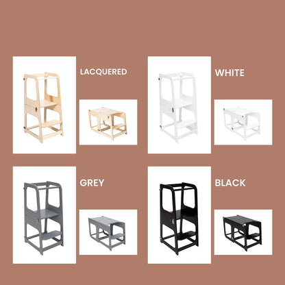 Four color options for 2-in-1 Montessori kitchen tower: lacquered, white, grey, and black