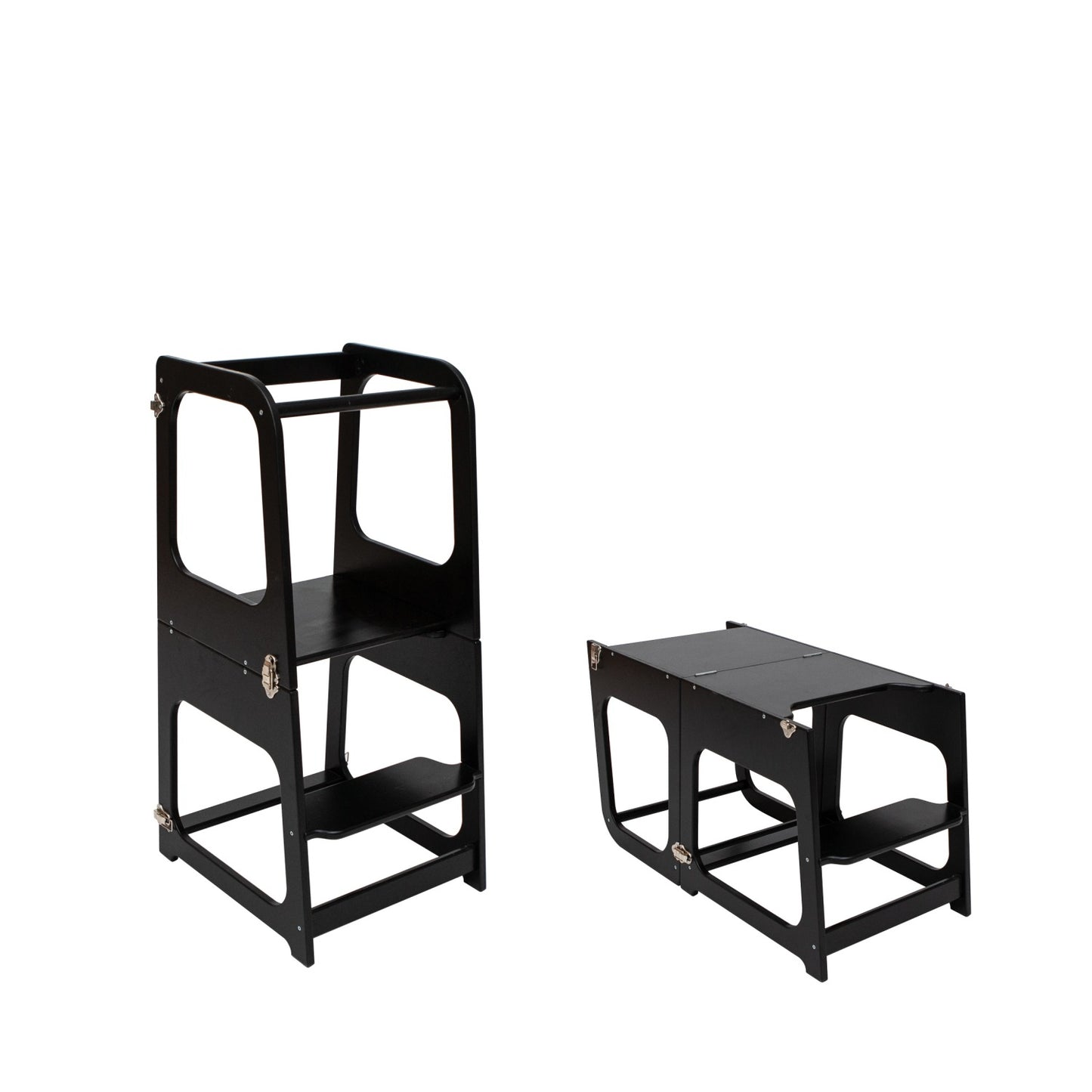 Black kitchen tower and table configuration showing transformation from tower to table