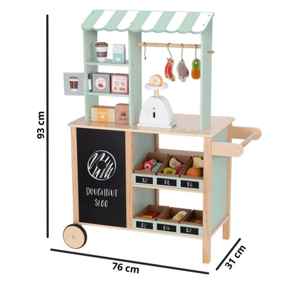 Woopie wooden food truck stand with mint green and white striped awning, dimensions 93cm height
