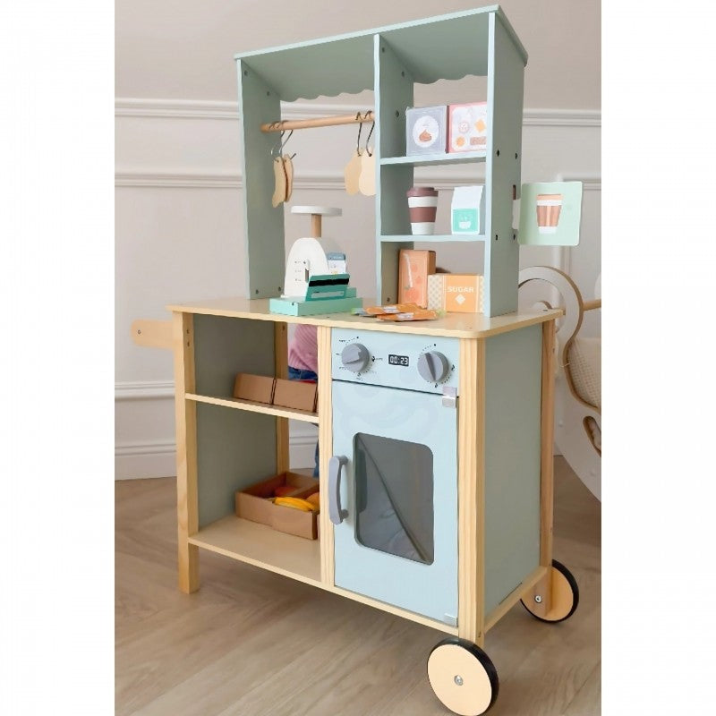 Wooden food truck stand with all components assembled, front three-quarter view