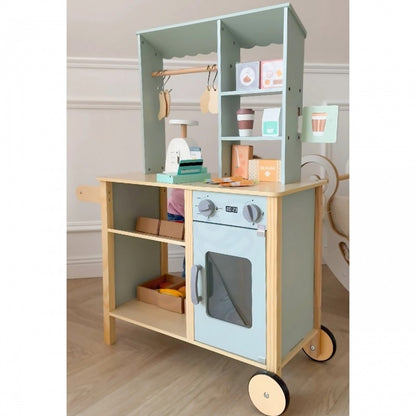 Wooden food truck stand with all components assembled, front three-quarter view