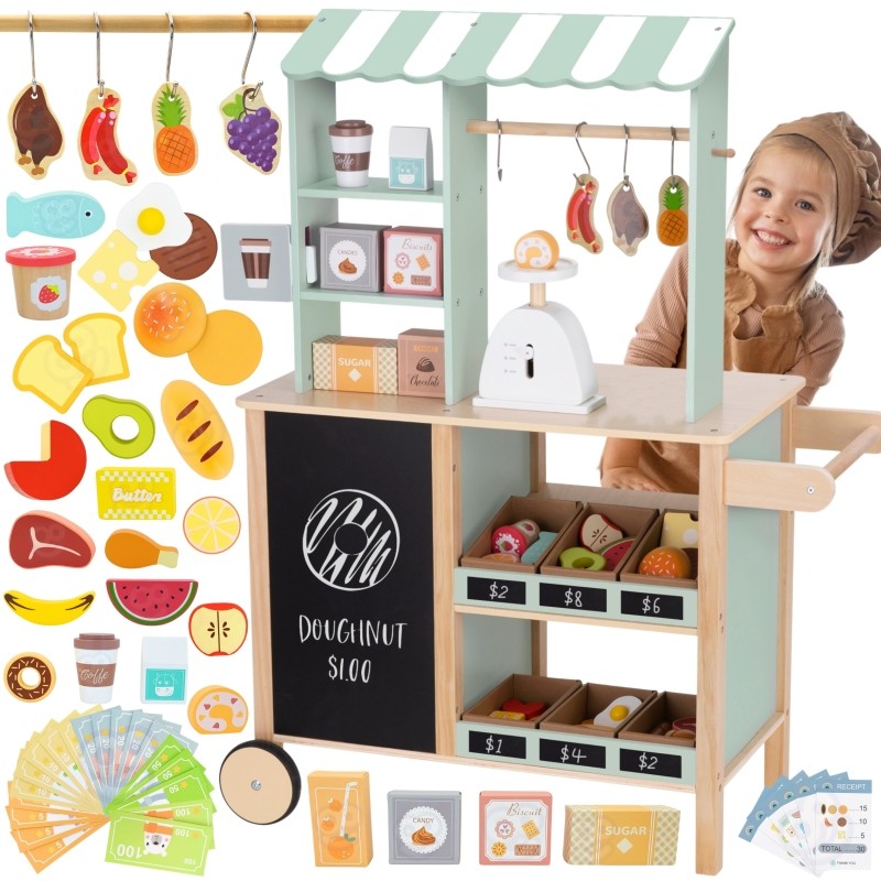 Complete 73-piece Woopie wooden grocery store set with food truck and child playing