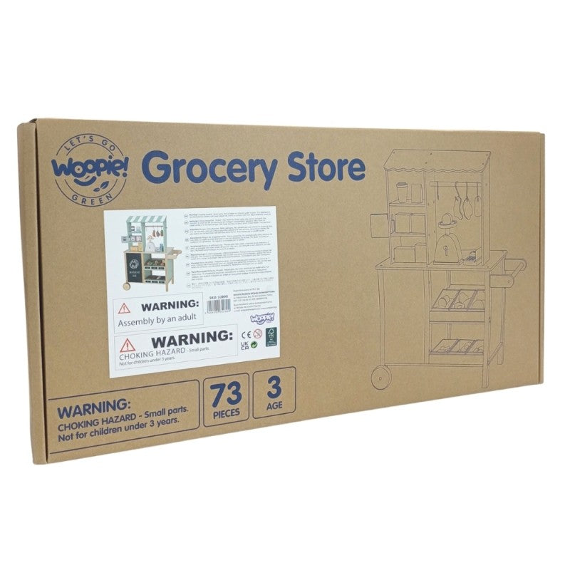 Woopie Grocery Store cardboard box packaging for 73-piece wooden food truck role-play set