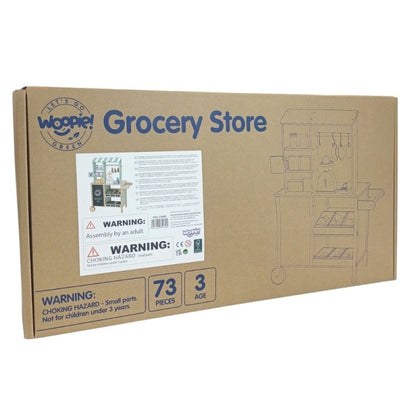 Woopie Grocery Store cardboard box packaging for 73-piece wooden food truck role-play set