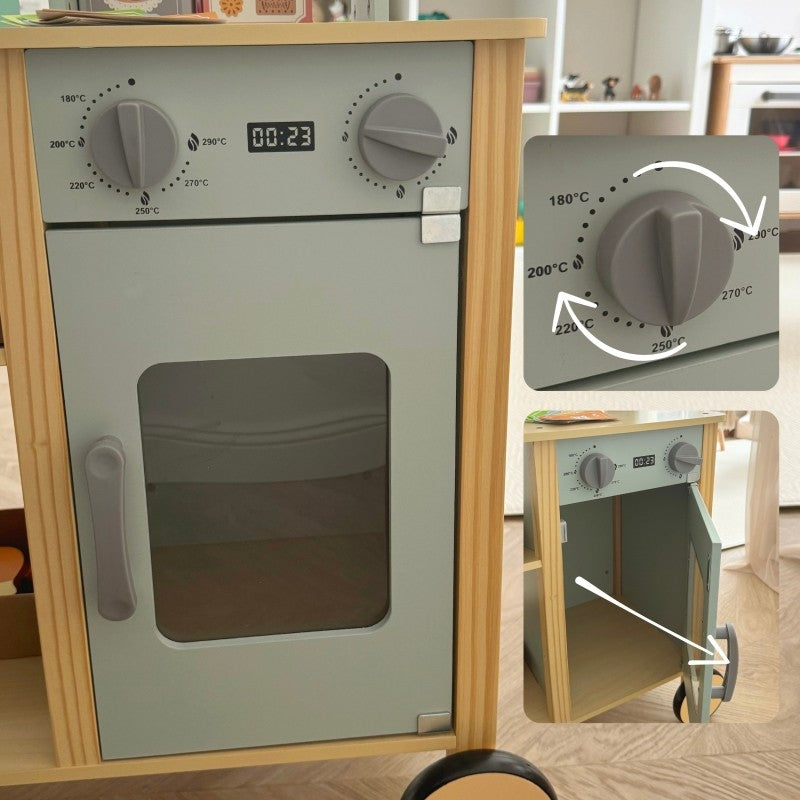 Wooden oven with digital display and temperature knobs for play kitchen cooking
