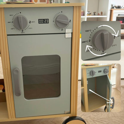 Wooden oven with digital display and temperature knobs for play kitchen cooking