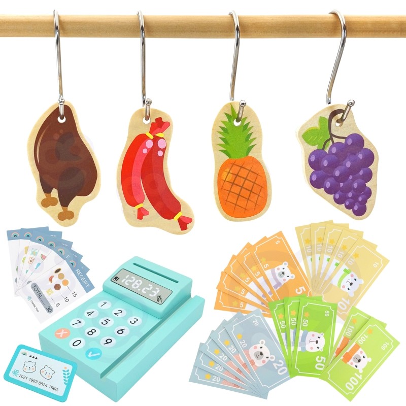 Hanging wooden play food items and turquoise calculator with play money cards below