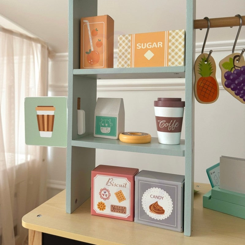 Wooden play food truck awning with storage shelves displaying play items and accessories