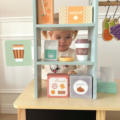 All 73 loose pieces of Woopie wooden food truck set including food, currency, and accessories