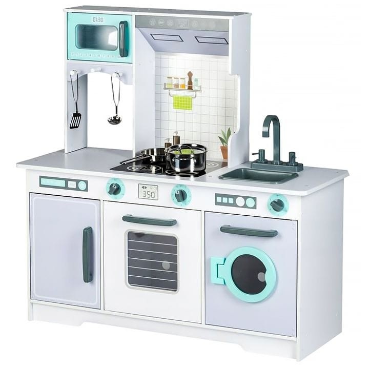 Front view of white wooden play kitchen with turquoise microwave, oven, cabinet and sink unit