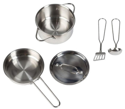 Five metal cooking accessories including pot with lid, frying pan, spatula and ladle