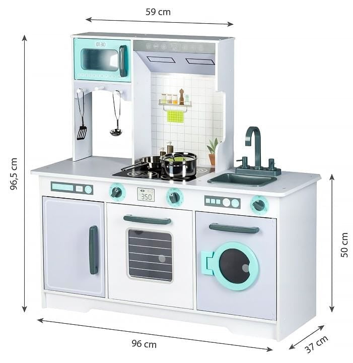 Wooden play kitchen dimensions showing 96cm width, 65.5cm height and 37cm depth measurements