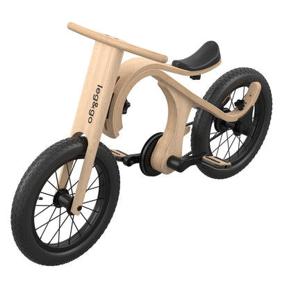 Complete leg&go 3in1 balance bike with pedals in natural wood and black