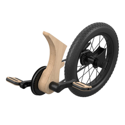leg&go pedals add-on with wooden frame and black pedals attached to wheel