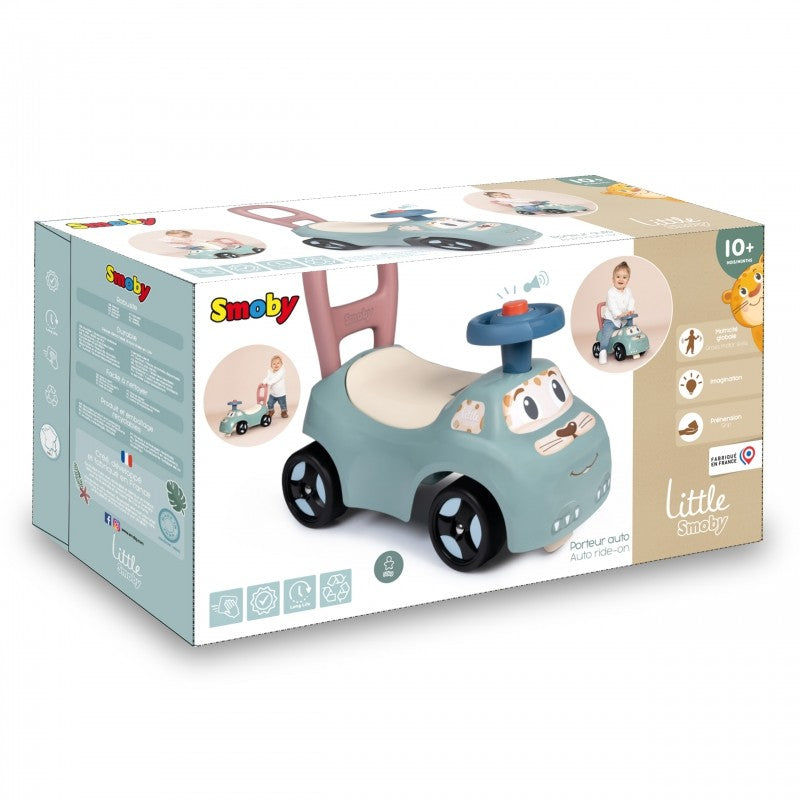 Smoby Little Ride-on Pusher packaging showing product features and age recommendation 10+
