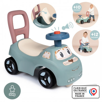 Ride-on pusher product overview with removable horn, two age stages, and made in France certification