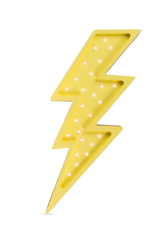 Yellow bolt-shaped LED lamp with warm white lights, front view