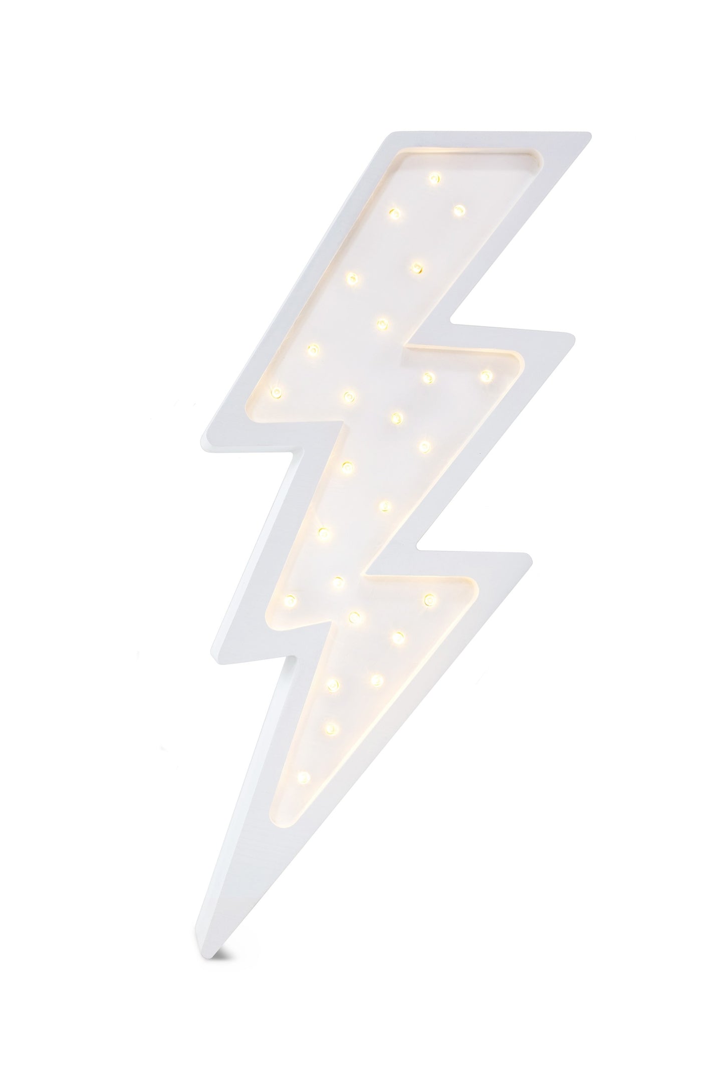 White bolt-shaped LED lamp with warm white lights, front view