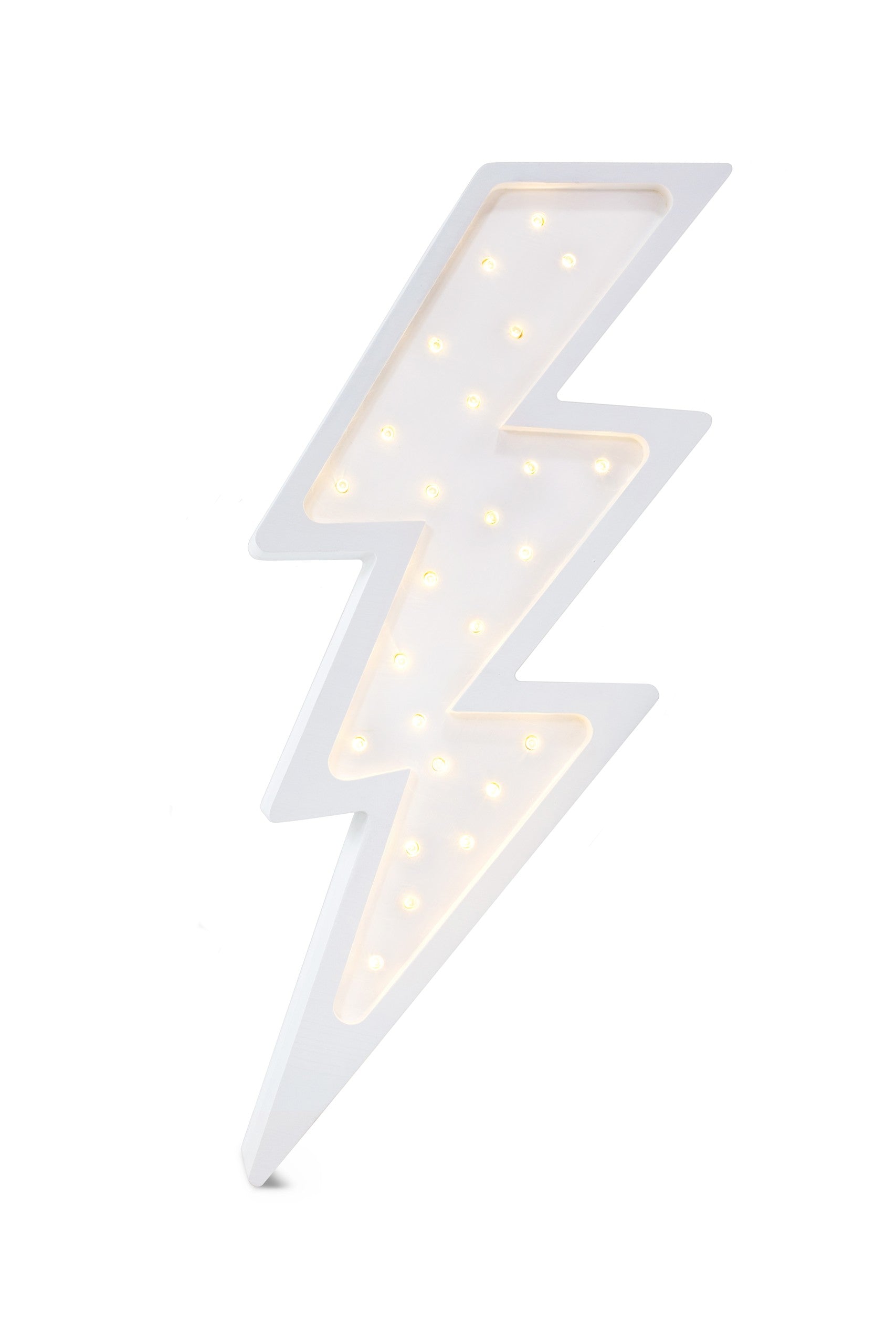 White bolt-shaped LED lamp with warm white lights, front view