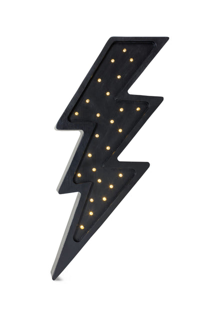 Black bolt-shaped LED lamp with warm white lights, front view