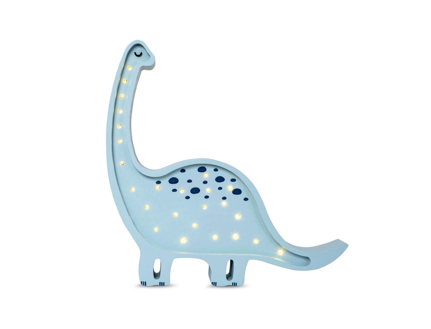 Light blue dino lamp with glowing LED dots and long neck, isolated on white background