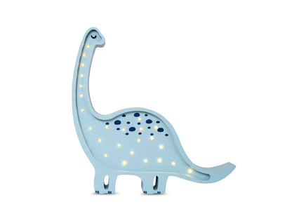 Light blue dino lamp with glowing LED dots and long neck, isolated on white background