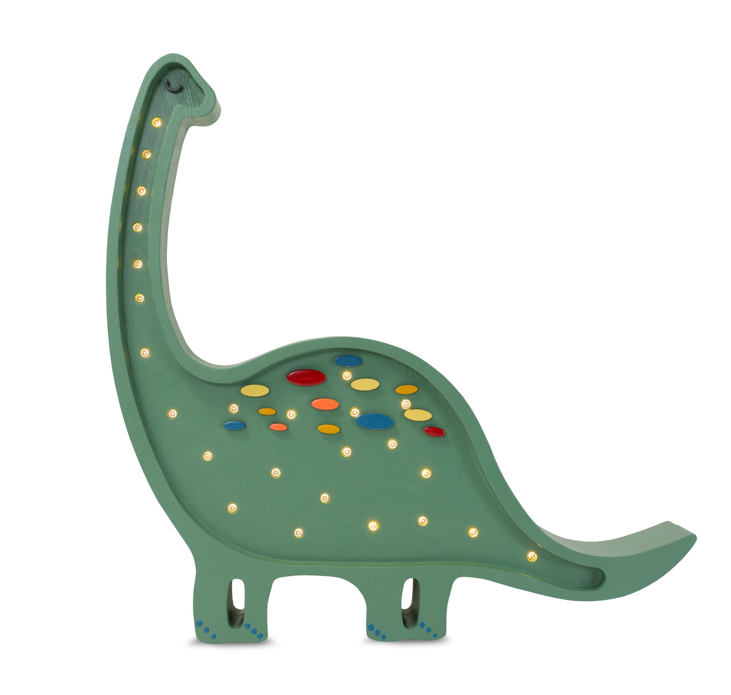 Dark green diplodocus lamp showing multicolored LED lights across body and warm white neck lights