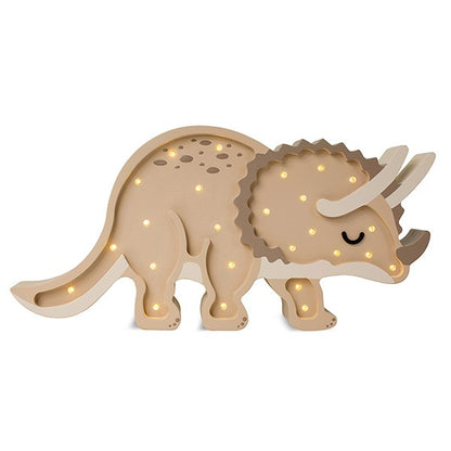 Natural pinewood triceratops lamp with warm white LED holes on white background
