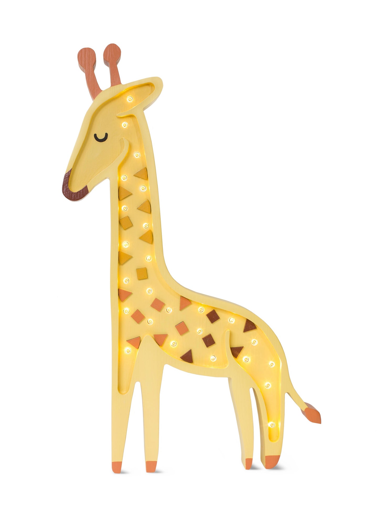 Yellow wooden giraffe lamp with warm white LED lights and brown details on white background
