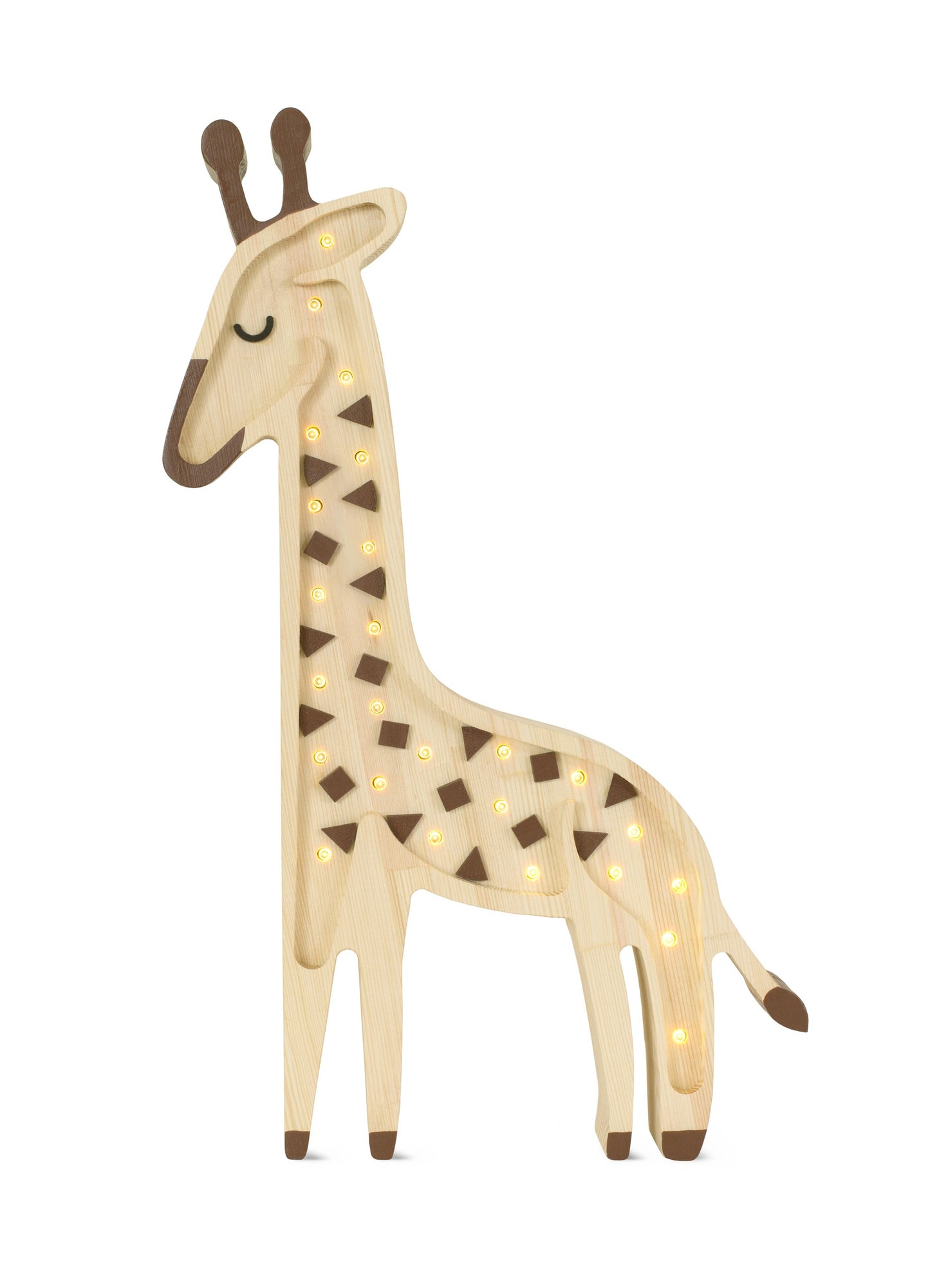 Natural wood giraffe lamp with warm LED lights on white background showing all sides