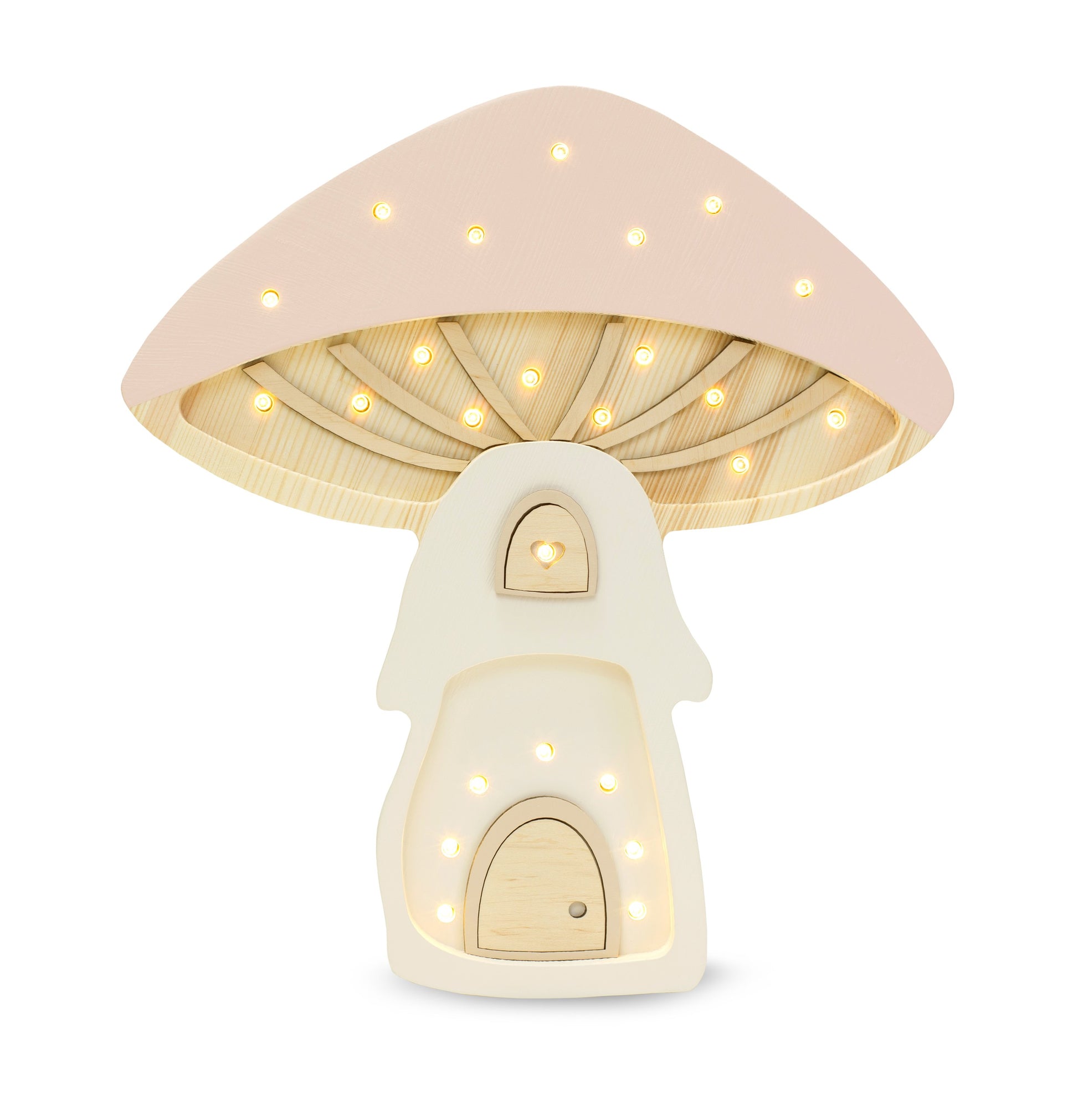 Mushroom lamp with soft pink cap and warm white LED lights illuminated