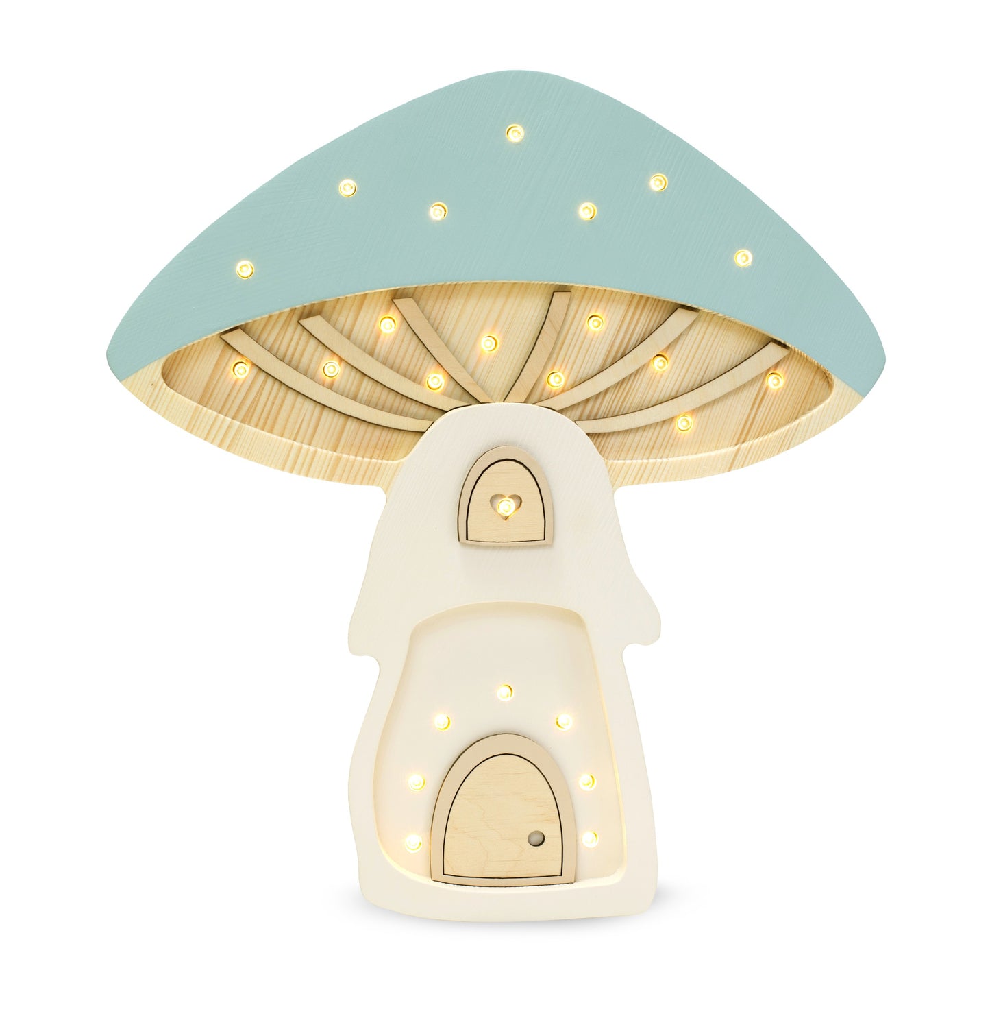 Mushroom lamp with sage green cap and warm white LED lights turned on