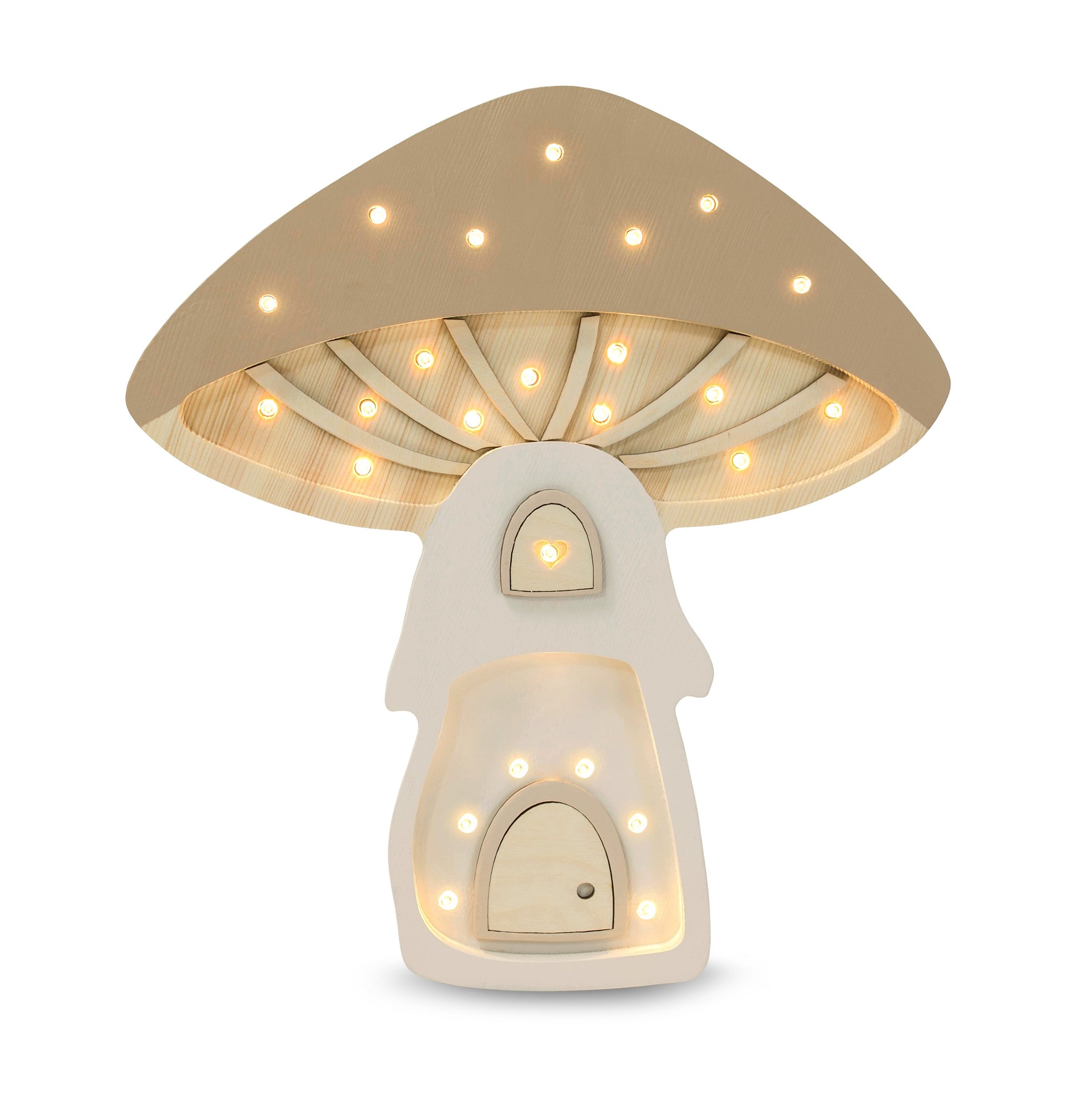 Mushroom lamp with gray-beige cap and warm white LED lights glowing brightly