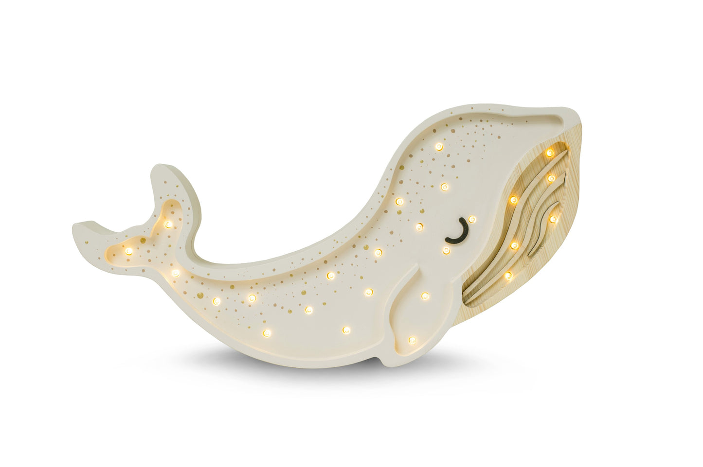 Cream whale lamp with warm white LED lights, moon face and metallic gold tail accent