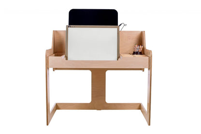 Front view of LUULA light board on wooden desk stand with shelving