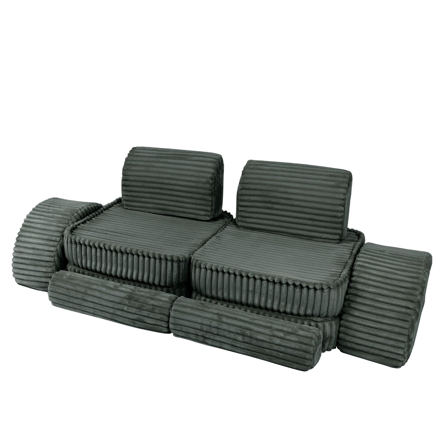 Forest green modular kids sofa with two seats and cylindrical armrests, angled side view