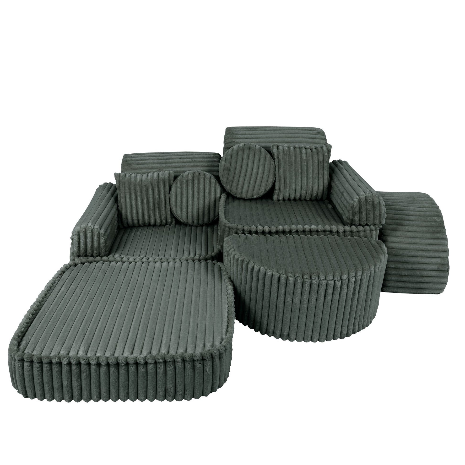 Forest green corduroy modular sofa showing curved chaise configuration with circular pillows