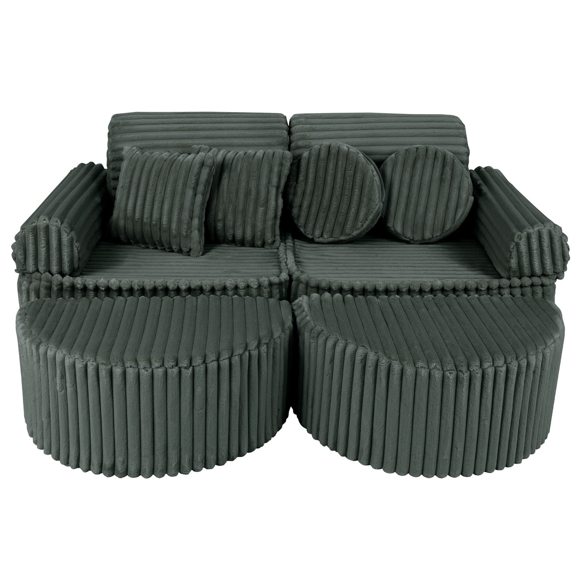 Forest green modular kids sofa with ribbed corduroy texture and round ottoman poufs, showing adjustable seating configuration