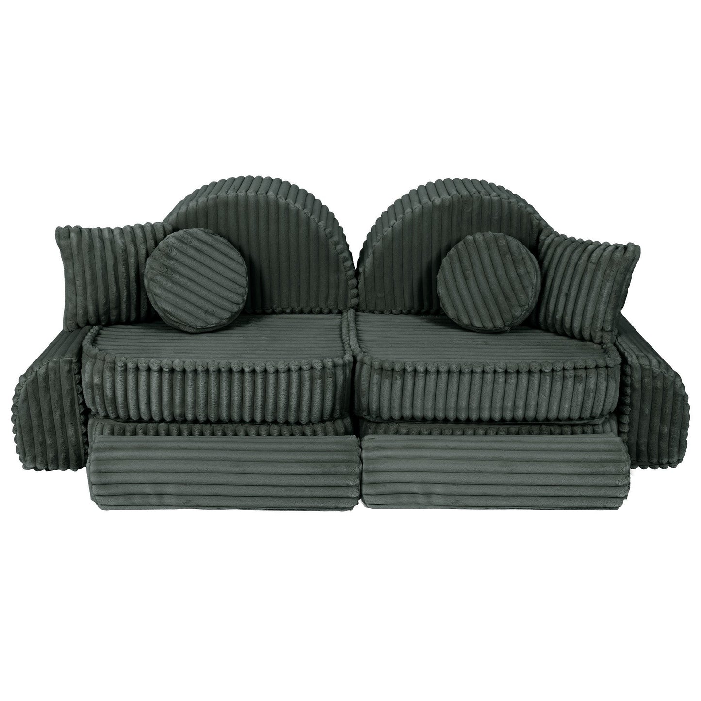 Forest green kids sofa front view with rounded armrests, cushions and cylindrical bolsters