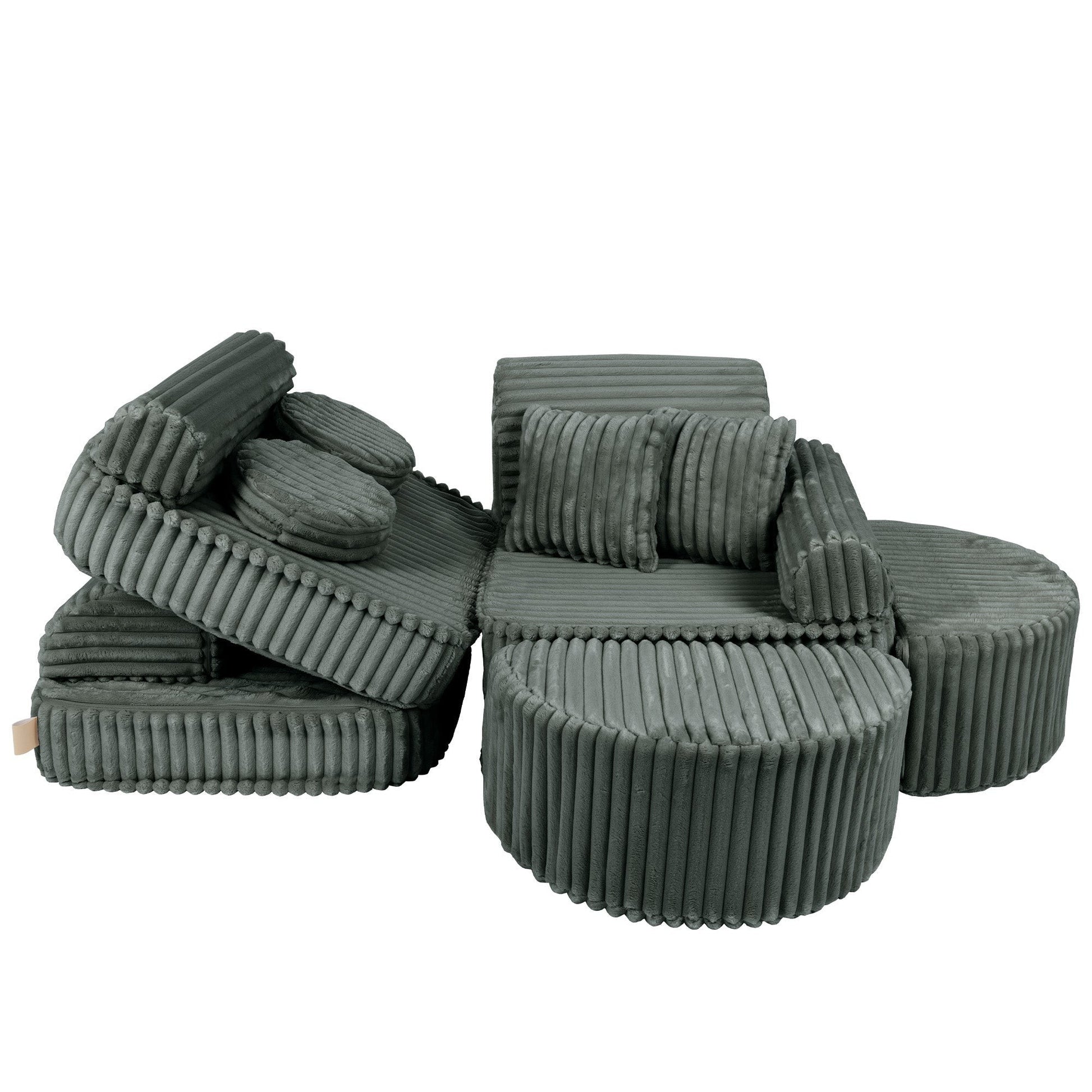 Modular forest green sofa pieces displayed separately showing customizable configuration options