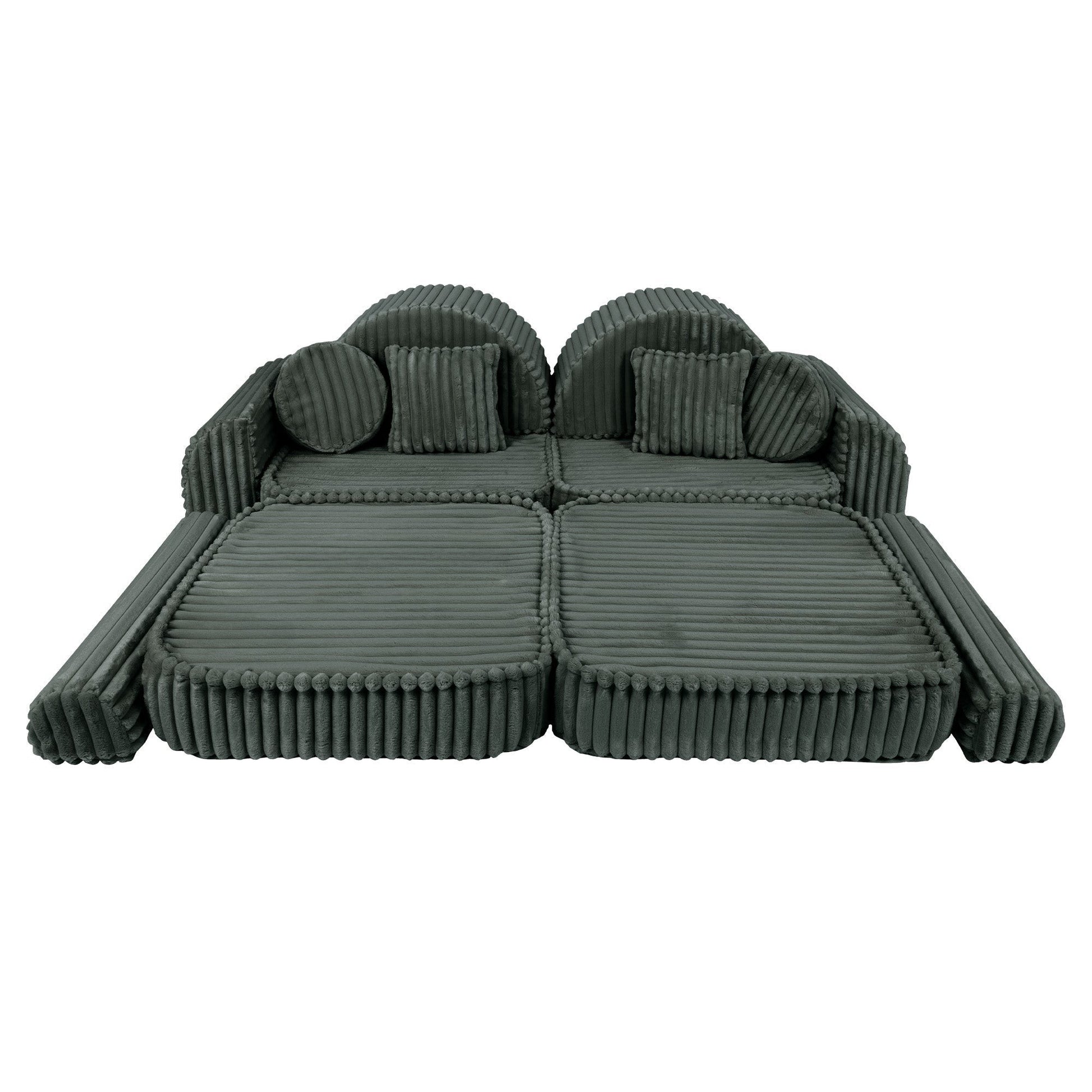 Forest green modular sofa front view with two cushioned seats, pillows and curved design