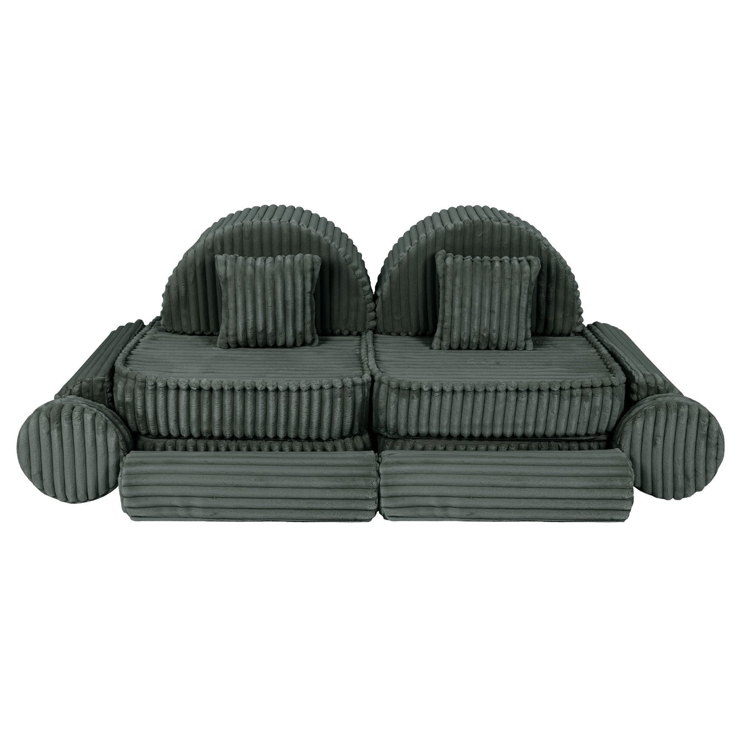 Forest green modular kids sofa front view with two seats and rounded armrests