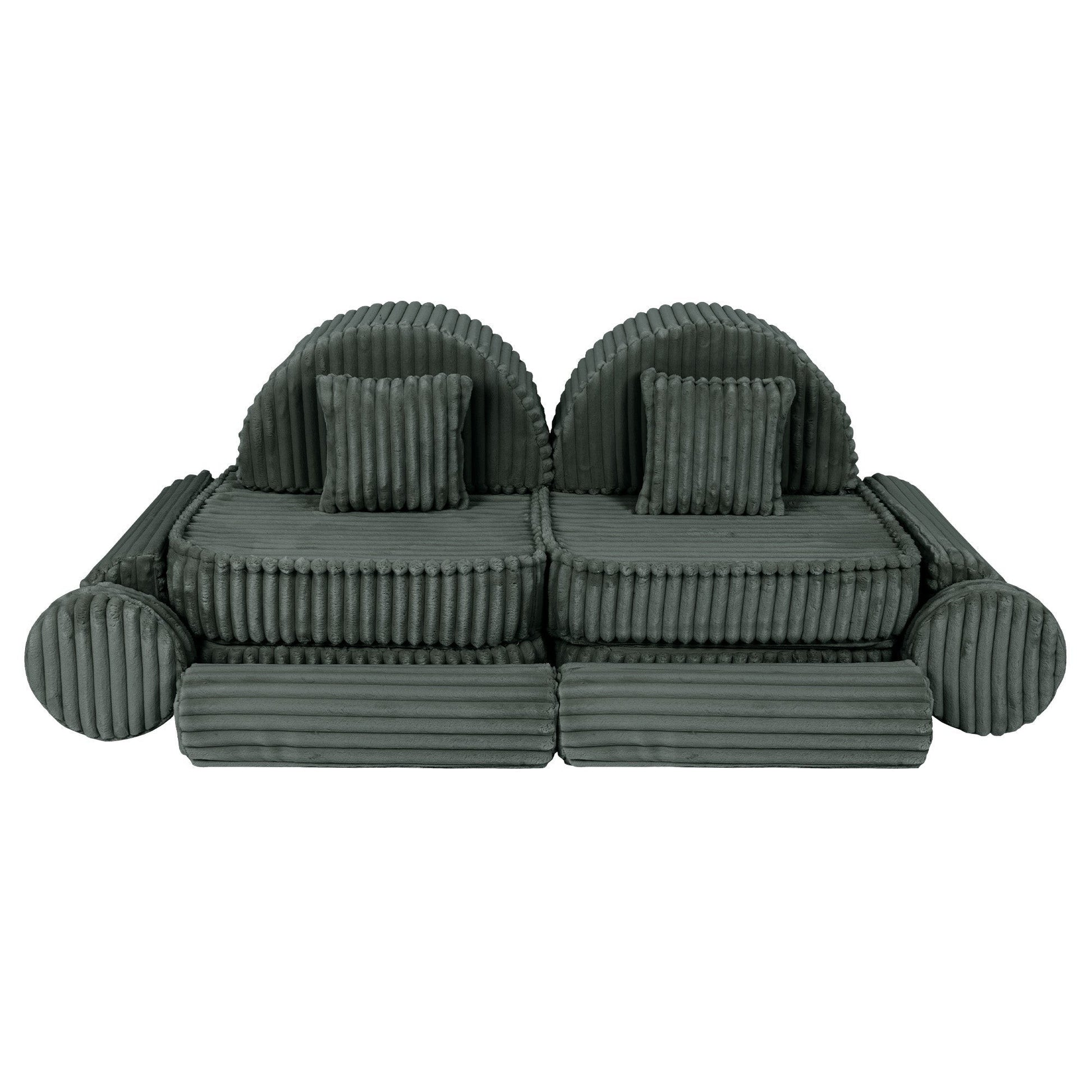 Forest green modular kids sofa front view with two seats and rounded armrests