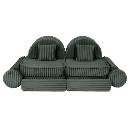 Forest green modular kids sofa front view with two seats and rounded armrests